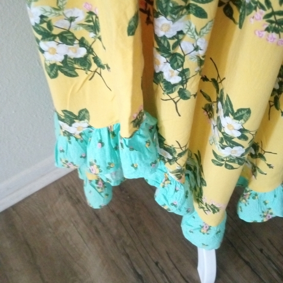 MATILDA JANE Gold & Aqua Floral Ruffled Off Shoulder Dress | L - Picture 5 of 8